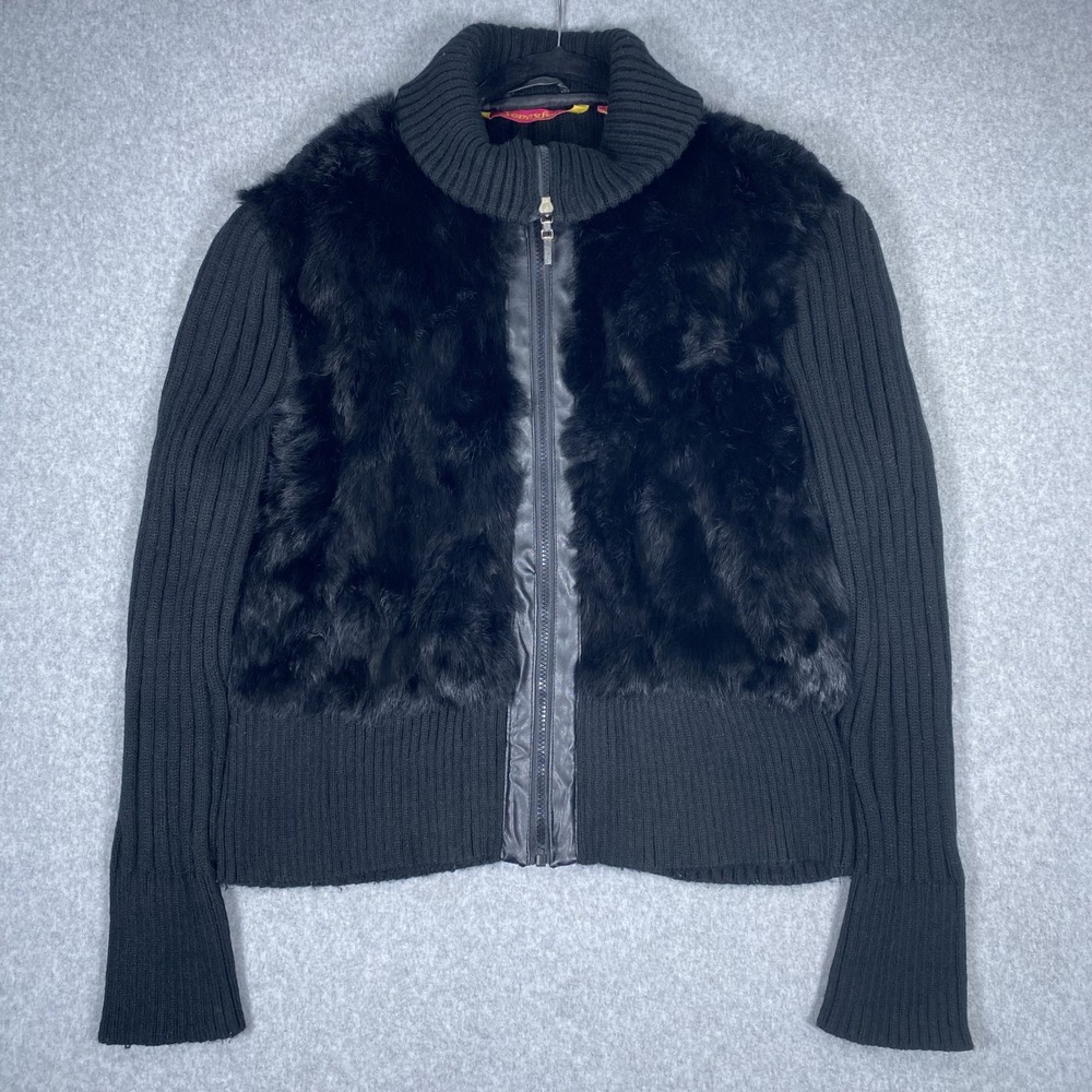 Jennyfer.J Cardigan Sweater Womens Medium Black Genuine Fur Ribbed Zip Up Jacket
